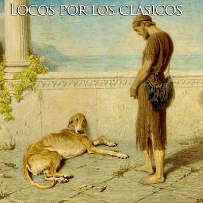 Un hombre con aspecto de mendigo contempla a un perro viejo y enfermo en un entorno clásico con columnas y vegetación, posiblemente un patio. La escena evoca un emotivo reencuentro.
