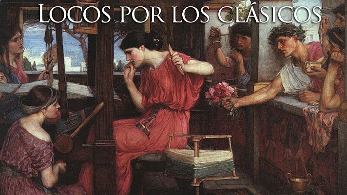 Una mujer con túnica roja teje en un telar, rodeada de figuras vestidas con ropas clásicas. Un hombre ofrece flores y otro toca un instrumento de cuerda, en una escena con edificios antiguos y una copa dorada.