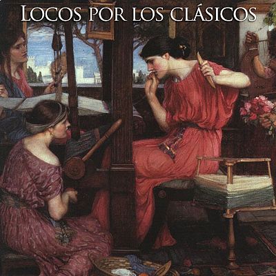 Una mujer con túnica roja teje en un telar, rodeada de figuras vestidas con ropas clásicas. Un hombre ofrece flores y otro toca un instrumento de cuerda, en una escena con edificios antiguos y una copa dorada.