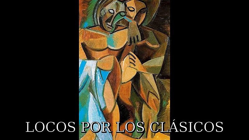 Pintura protocubista de dos figuras desnudas abrazadas con tonos terrosos, y el texto LOCOS POR LOS CL�SICOS en la parte inferior.