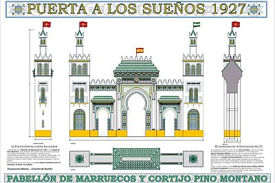 Dise�o de la Portada de la Feria de Abril de Sevilla 2027, "PUERTA A LOS SUE�OS 1927", con estilo andaluz, arcos de herradura, azulejos y torres con banderas de Espa�a y Andaluc�a.