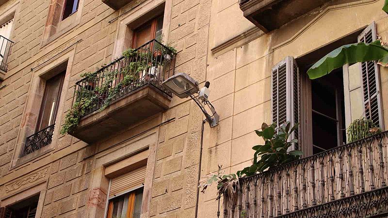 Fachada de edificio clásico con balcones de hierro forjado, plantas y farola urbana. Ventanas con contraventanas y persiana.