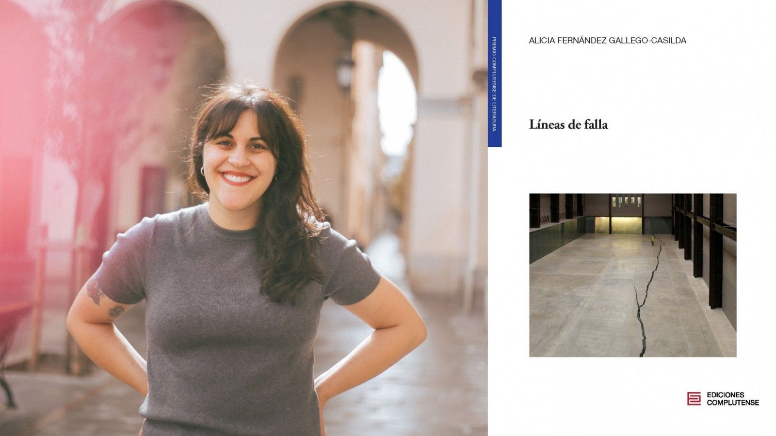 Alicia Fern�ndez Gallego-Casilda posa junto a la portada de "L�neas de falla", obra galardonada con el Premio Complutense de Literatura por Ediciones Complutense.