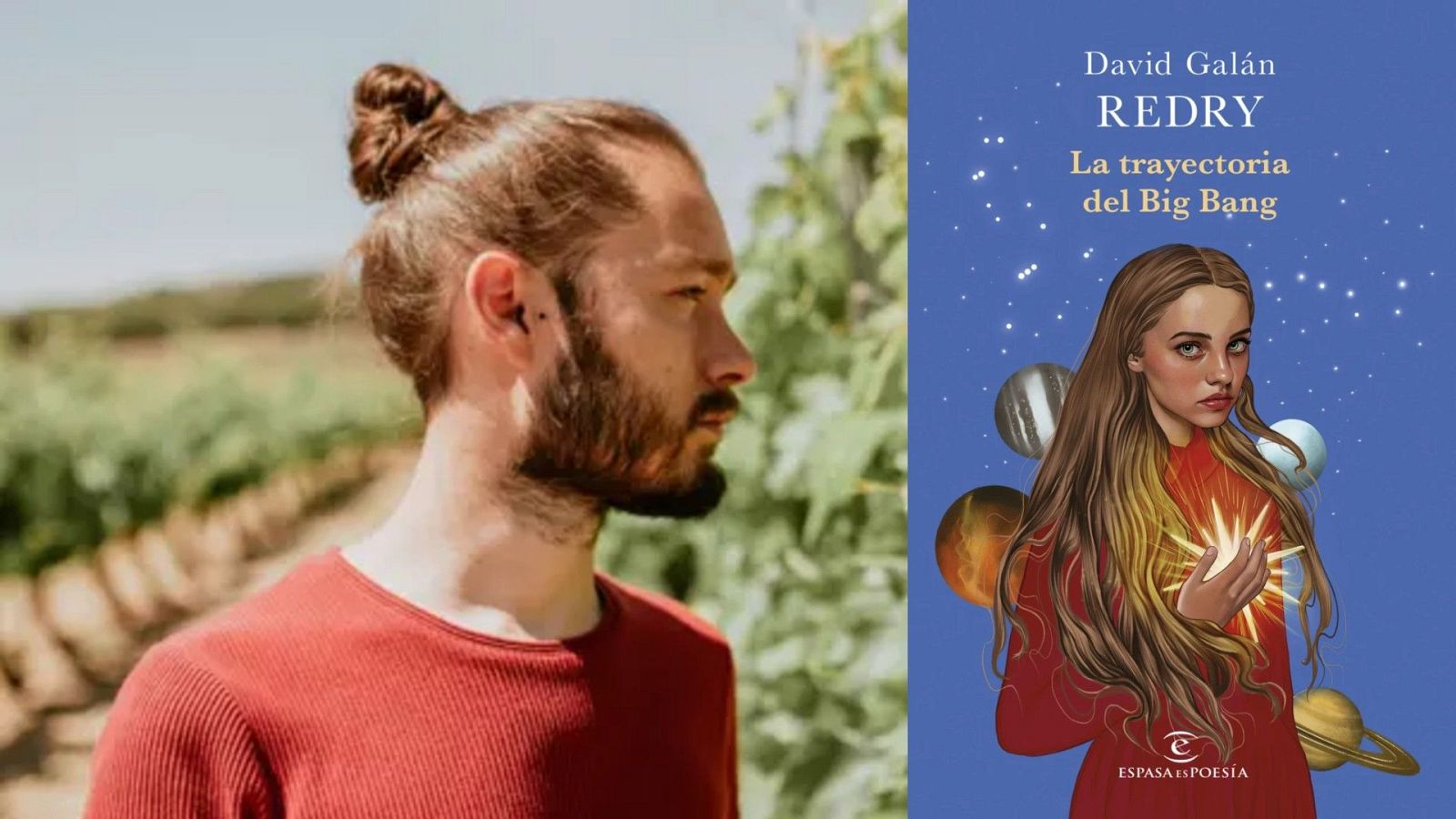 Retrato de David Gal�n 'Redry' junto a la portada de su libro "La trayectoria del Big Bang", con una mujer y elementos c�smicos.