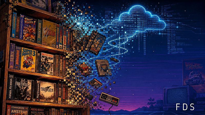 Transición de videojuegos físicos a digitales y nube, con referencias a "Street Fighter II", "Zelda", "Super Mario Bros. 3", "Metal Gear", "Final Fantasy" y "Sonic the Hedgehog".