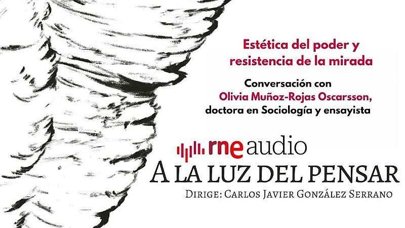 Cartel promocional con fondo blanco, ilustración en blanco y negro a la izquierda y texto informativo en la derecha junto al logotipo de RNE Audio.