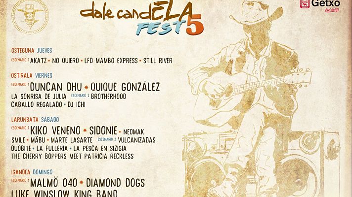 Cartel del \"Dale CandELA Fest 5\" en Getxo. Ilustración rústica de guitarrista. Programación: Jueves (Akatz), Viernes (Duncan Dhu, Quique González), Sábado (Kiko Veneno, Sidonie), Domingo (Malmö 040).