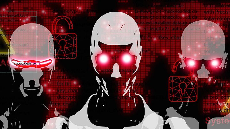 Ilustración de figuras robóticas con ojos rojos brillantes sobre un fondo de cuadrícula digital y código, evocando ciberseguridad y amenaza tecnológica.