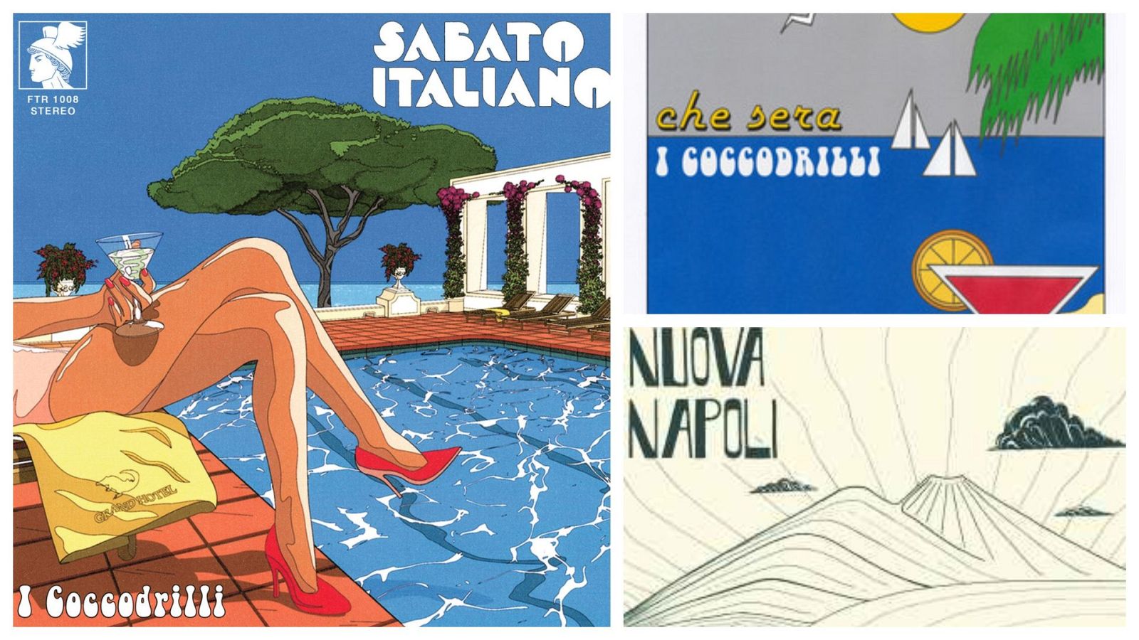 Collage de cuatro dise�os gr�ficos con tem�tica italiana: verano, piscina, veleros y N�poles. Incluye textos como "SABATO ITALIANO", "che sera" y "NUOVA NAPOLI", y nombres como "I Coccodrilli".