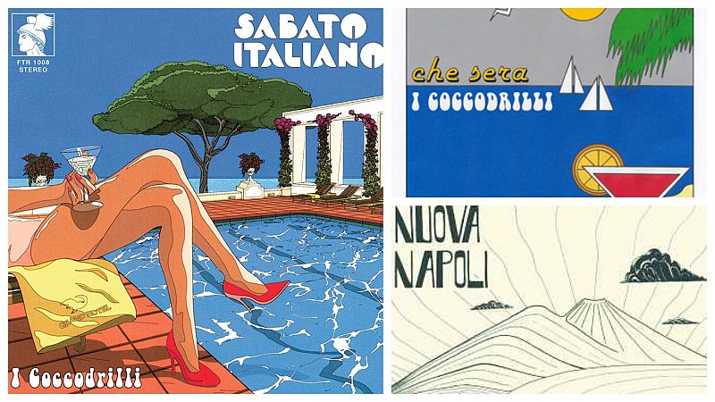 Collage de cuatro dise�os gr�ficos con tem�tica italiana: verano, piscina, veleros y N�poles. Incluye textos como "SABATO ITALIANO", "che sera" y "NUOVA NAPOLI", y nombres como "I Coccodrilli".