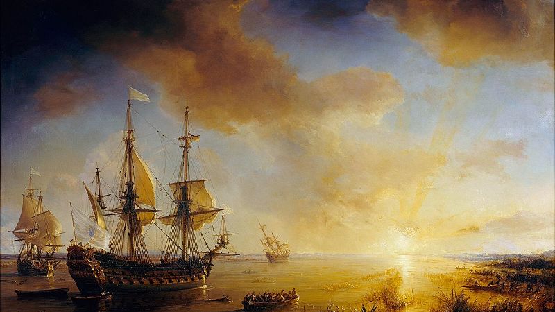 Majestuosa escena mar�tima con grandes veleros de �poca bajo una luz dorada al amanecer o atardecer. Reflejos brillantes en el agua y un cielo con tonos c�lidos.