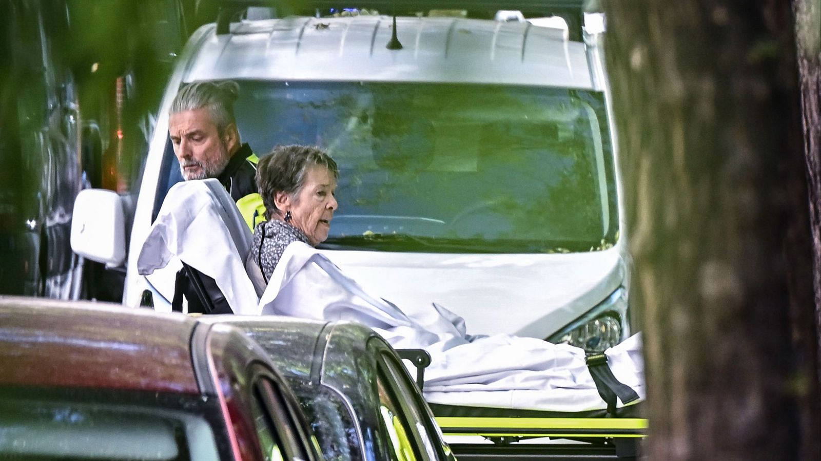 Mujer mayor en camilla asistida por personal de emergencias, con ambulancia y coche oscuro en escena exterior arbolada.