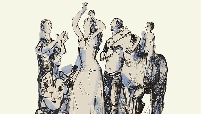 Ilustración de tinta y acuarela azul/gris sobre crema: mujer bailando flamenco, aplausos, guitarra, hombre con caballo y niño. Evoca una juerga flamenca.