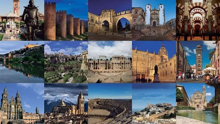 Un collage de 15 imágenes de Ciudades Patrimonio de la Humanidad de España, mostrando monumentos y vistas emblemáticas de Alcalá de Henares, Ávila, Cáceres, Baeza, Córdoba, Toledo, Cuenca, Mérida, Salamanca, San Cristóbal de La Laguna, Santiago de Compostela, Segovia, Tarragona, Ibiza y Úbeda.