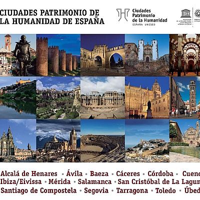 Un collage de 15 imágenes de Ciudades Patrimonio de la Humanidad de España, mostrando monumentos y vistas emblemáticas de Alcalá de Henares, Ávila, Cáceres, Baeza, Córdoba, Toledo, Cuenca, Mérida, Salamanca, San Cristóbal de La Laguna, Santiago de Compostela, Segovia, Tarragona, Ibiza y Úbeda.