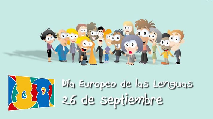 Celebración del Día Europeo de las Lenguas el 26 de septiembre con un grupo diverso de personas sonrientes y un logotipo que simboliza la comunicación.