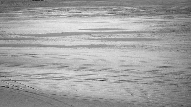 Paisaje horizontal en escala de grises con l�neas finas y manchas oscuras que simulan agua o humedad, evocando un lecho seco o salinas.