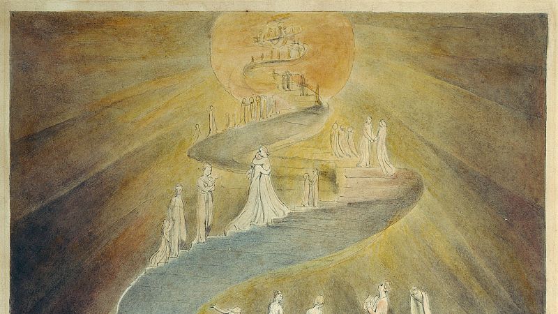 Ilustraci�n m�stica de un camino ascendente con figuras et�reas dirigi�ndose hacia una esfera de luz dorada que contiene una ciudad celestial. Evoca un viaje espiritual y ascensi�n.