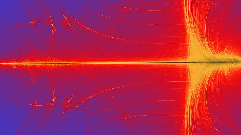 Composición abstracta con línea central amarilla. Izquierda: líneas onduladas rojizas sobre azul/morado. Derecha: explosión de líneas amarillas/naranjas sobre fondo cálido. Simetría horizontal.