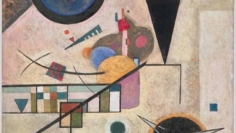 Pintura abstracta "Accords oppos�s" (1924) de Wassily Kandinsky, con formas geom�tricas y org�nicas, l�neas y colores sobre fondo claro. Destacan c�rculos, tri�ngulos y cuadrados.
