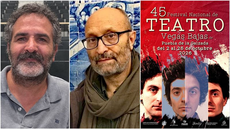 Cartel del 45 Festival Nacional de Teatro Vegas Bajas, del 2 al 26 de octubre de 2026 en Puebla de la Calzada, con retratos y logotipos de patrocinadores.