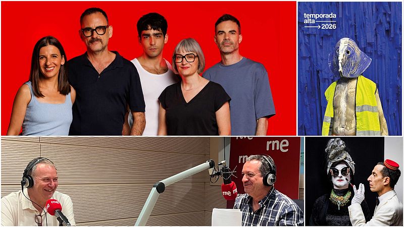 Collage del Festival Temporada Alta: Javier Cámara, Pilar Castro, escultura, "temporada alta -> 2026", Paco Tomás, Manolo H. H. en RNE, y escena teatral.