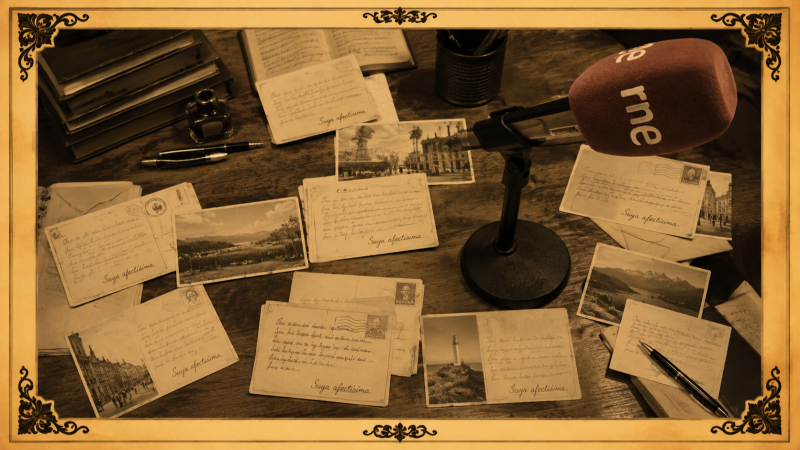 Composici�n vintage con micr�fono RNE, postales y cartas antiguas con "Suya afect�sima", libros, tintero y plumas estilogr�ficas sobre una mesa.