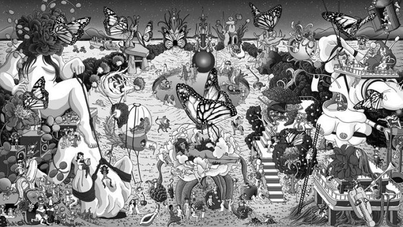 Ilustración surrealista en blanco y negro "Jardín de las delicias celestiales" de Carles García O'Dowd, con mariposas gigantes, figuras humanas desnudas, flora fantástica y estructuras orgánicas bajo un cielo estrellado.