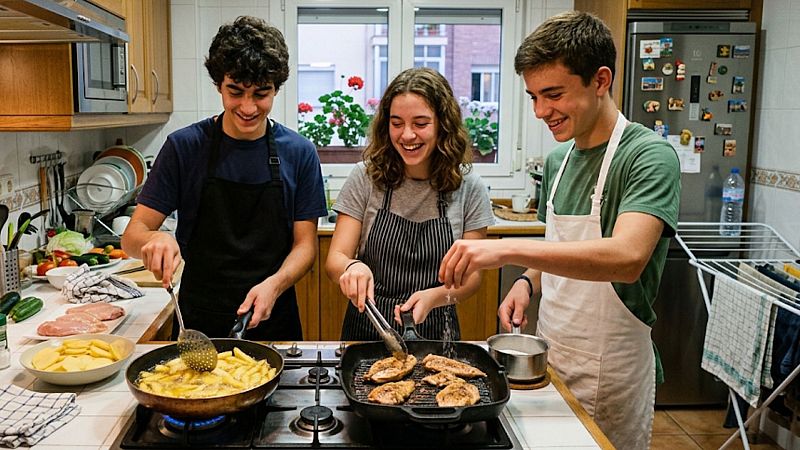 Tres j�venes r�en y cocinan en una cocina hogare�a, preparando pollo a la parrilla y patatas fritas, rodeados de ingredientes frescos y utensilios.
