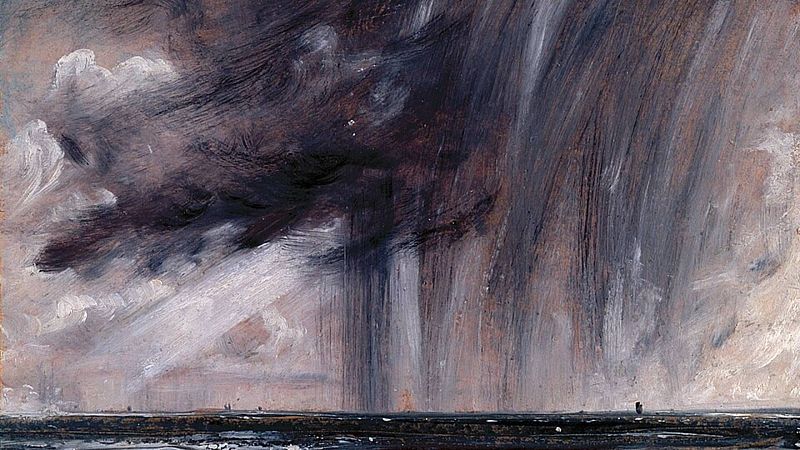 Estudio atmosf�rico de John Constable, "Rainstorm over the Sea", muestra un cielo tormentoso con lluvia intensa sobre un mar agitado. Una figura diminuta en el horizonte.