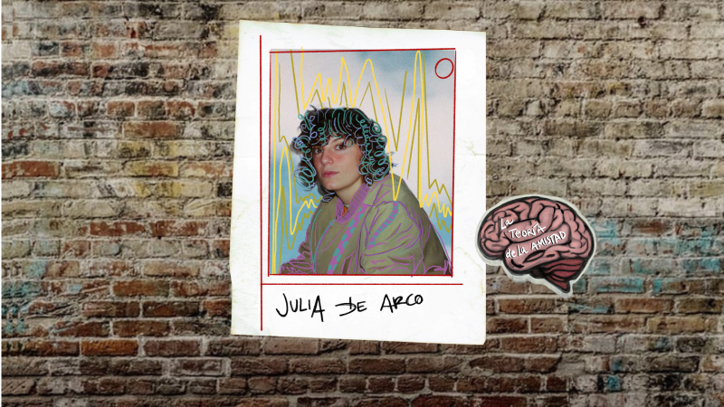 Fotograf�a polaroid de Julia de Arco con l�neas amarillas y un cerebro rosa con "LA TEOR�A de la AMISTAD".