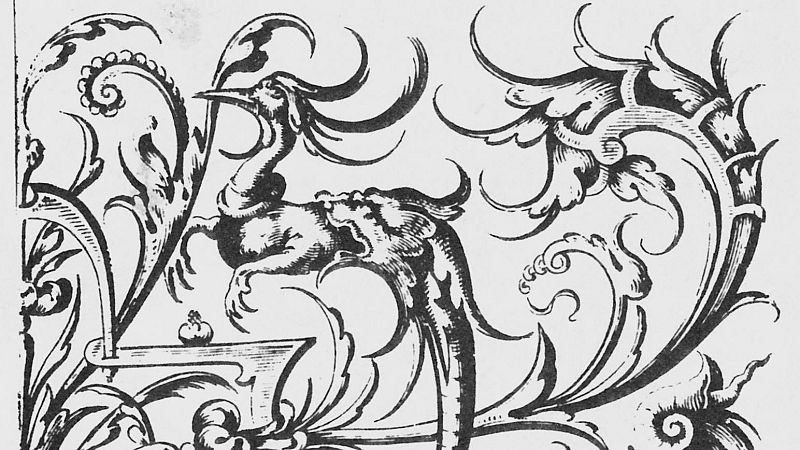 Ilustraci�n monocrom�tica de criatura fant�stica con pico, cresta y cola ornamentada, rodeada de motivos vegetales y arabescos en estilo grabado.