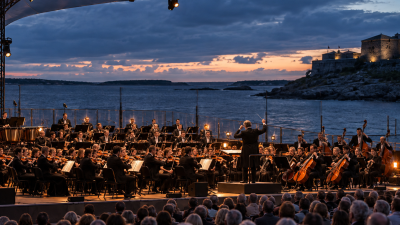 Orquesta sinf�nica en concierto al aire libre al atardecer, con mar y castillo antiguo. Director dirige a m�sicos ante una multitud.