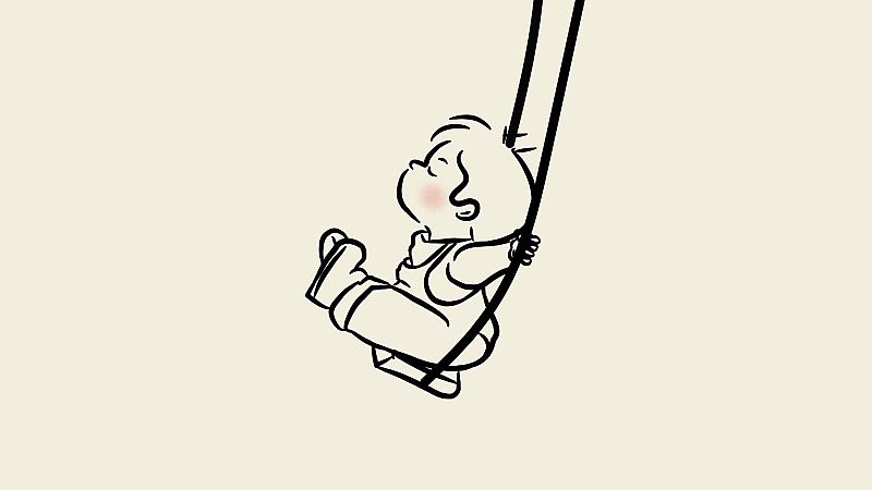 Ni�o con pelo rizado en un columpio, ojos cerrados, disfrutando del balanceo. Ilustraci�n minimalista en blanco y negro con un toque de rosa en la mejilla.