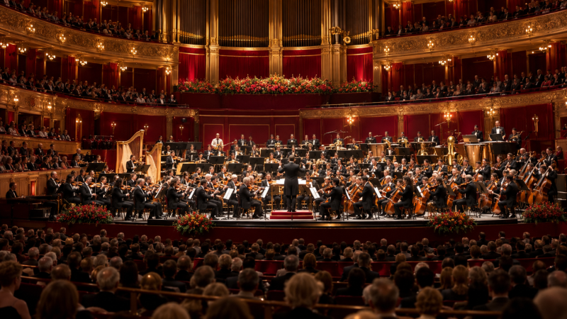 Vista panor�mica de una suntuosa sala de conciertos donde un director y su orquesta sinf�nica tocan ante un p�blico numeroso, bajo un majestuoso �rgano de tubos dorados.