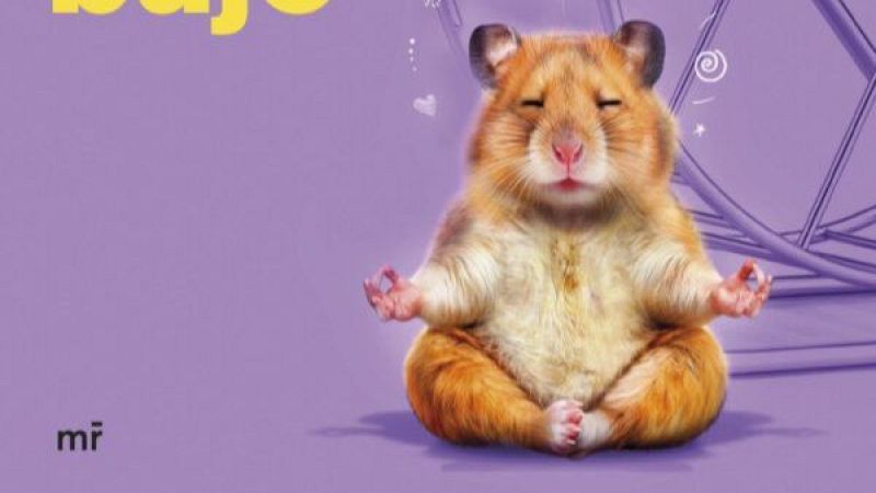 Ilustraci�n de un h�mster meditando en posici�n de loto sobre fondo morado, con una rueda de ejercicio detr�s, el texto "...bajo" en amarillo y el logotipo "mr" en la esquina inferior.