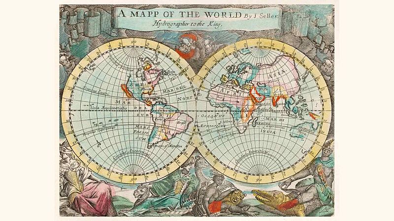 Mapa antiguo de doble hemisferio titulado "A MAPP OF THE WORLD By J Seller", decorado con querubines y figuras aleg�ricas de los continentes en tonos pastel.