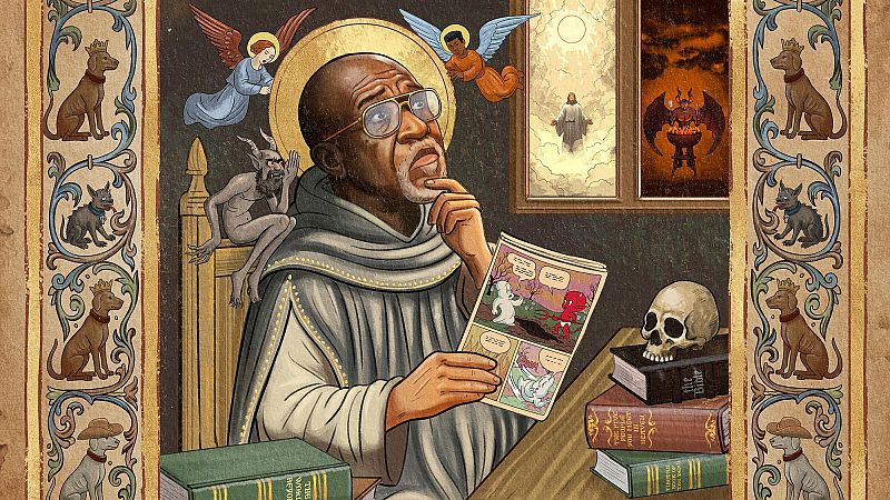 Ilustraci�n medieval del m�sico Swamp Dogg como monje con aureola, rodeado de �ngeles, un demonio y ventanas al m�s all�, con una calavera sobre libros como "The Bible".