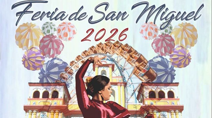Cartel de la Feria de San Miguel 2026 en Arcos de la Frontera, que muestra a una bailaora de flamenco de rojo ante una portada de feria, una noria y farolillos de colores.