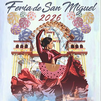 Cartel de la Feria de San Miguel 2026 en Arcos de la Frontera, que muestra a una bailaora de flamenco de rojo ante una portada de feria, una noria y farolillos de colores.