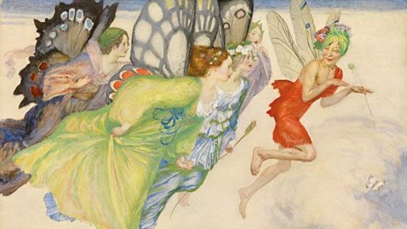 Ilustraci�n fant�stica de hadas y criaturas aladas corriendo alegremente sobre una superficie luminosa con un estilo l�dico y colorido.