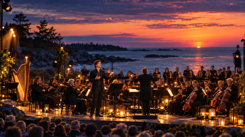 Concierto de m�sica cl�sica al aire libre junto al mar al atardecer, con una orquesta, un coro y un solista en un escenario iluminado por velas frente al p�blico en silueta.