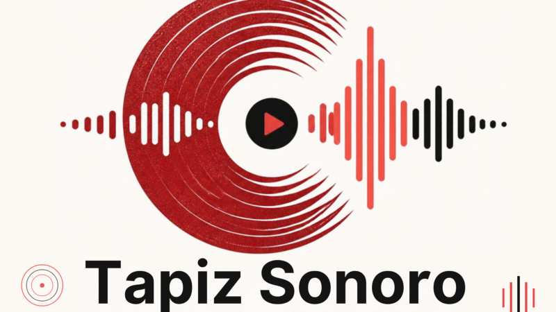 Logotipo de "Tapiz Sonoro" sobre fondo crema, con un vinilo rojo en forma de C, un bot�n de reproducci�n y una onda de sonido horizontal, con el nombre abajo en letras negras sans-serif.