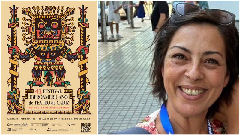 Composición con el cartel del 36º Festival Iberoamericano de Teatro de Cádiz de 2021 y un retrato de su co-directora, Isla Aguilar, sonriendo al aire libre con una acreditación azul.