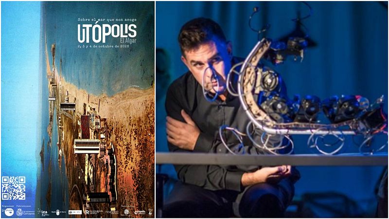 Composición con el cartel de 'UTÓPOLIS El Algar' de 2020 a la izquierda y un hombre observando un complejo artilugio mecánico bajo una misteriosa iluminación azul a la derecha.