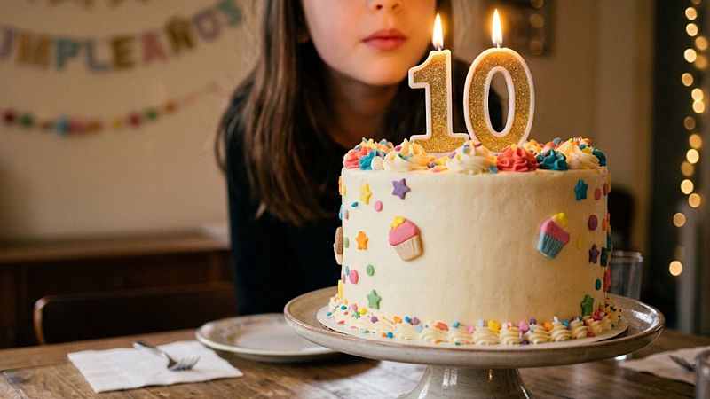 Una ni�a se dispone a soplar las velas con el n�mero 10 de una colorida tarta de cumplea�os, con una guirnalda que dice "...UMPLEA�OS" de fondo.