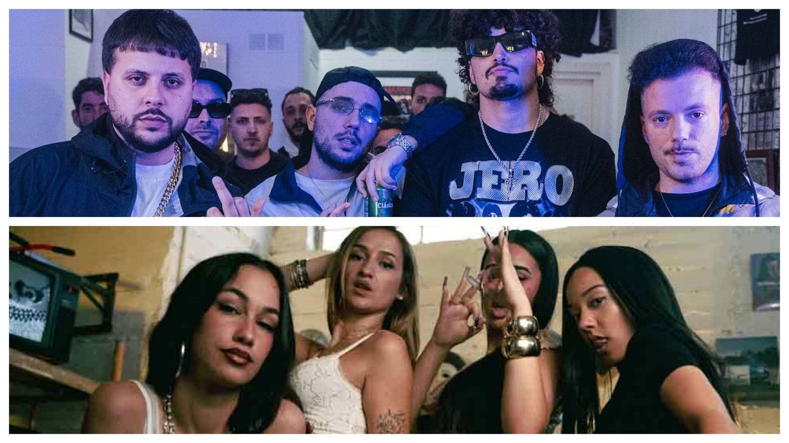 Dos paneles que muestran a los artistas urbanos Cecilio G, Khaled y Pedro LaDroga en un ambiente azulado, y abajo a cuatro j�venes posando con actitud segura ante una pared de ladrillo.