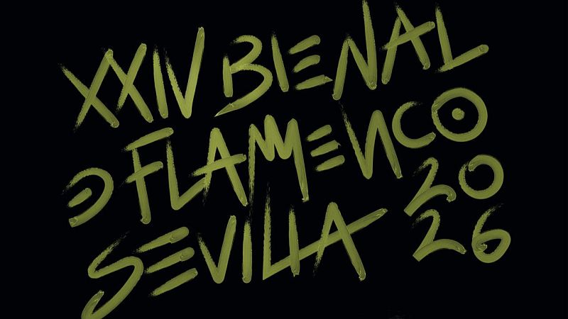 Cartel de la XXIV Bienal de Flamenco de Sevilla 2026 con tipograf�a caligr�fica verde oliva sobre fondo negro, destacando letras estilizadas y el a�o distribuido verticalmente.