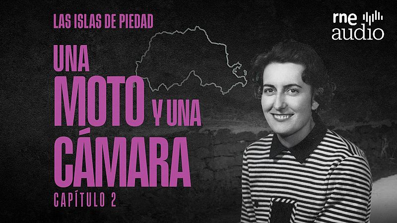 Retrato en blanco y negro de la fot�grafa Piedad Isla junto a textos informativos en fucsia sobre fondo oscuro y el logotipo de RNE Audio.