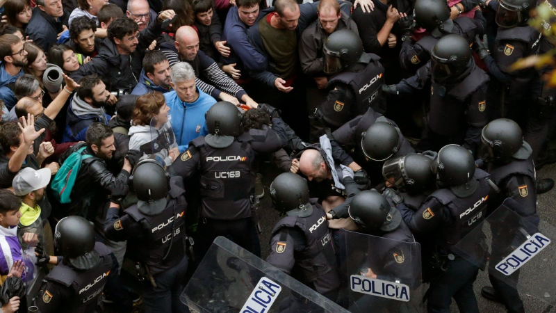 Agentes antidisturbios de la polic�a y ciudadanos civiles forcejean en un tenso enfrentamiento frente a un edificio durante una concentraci�n.